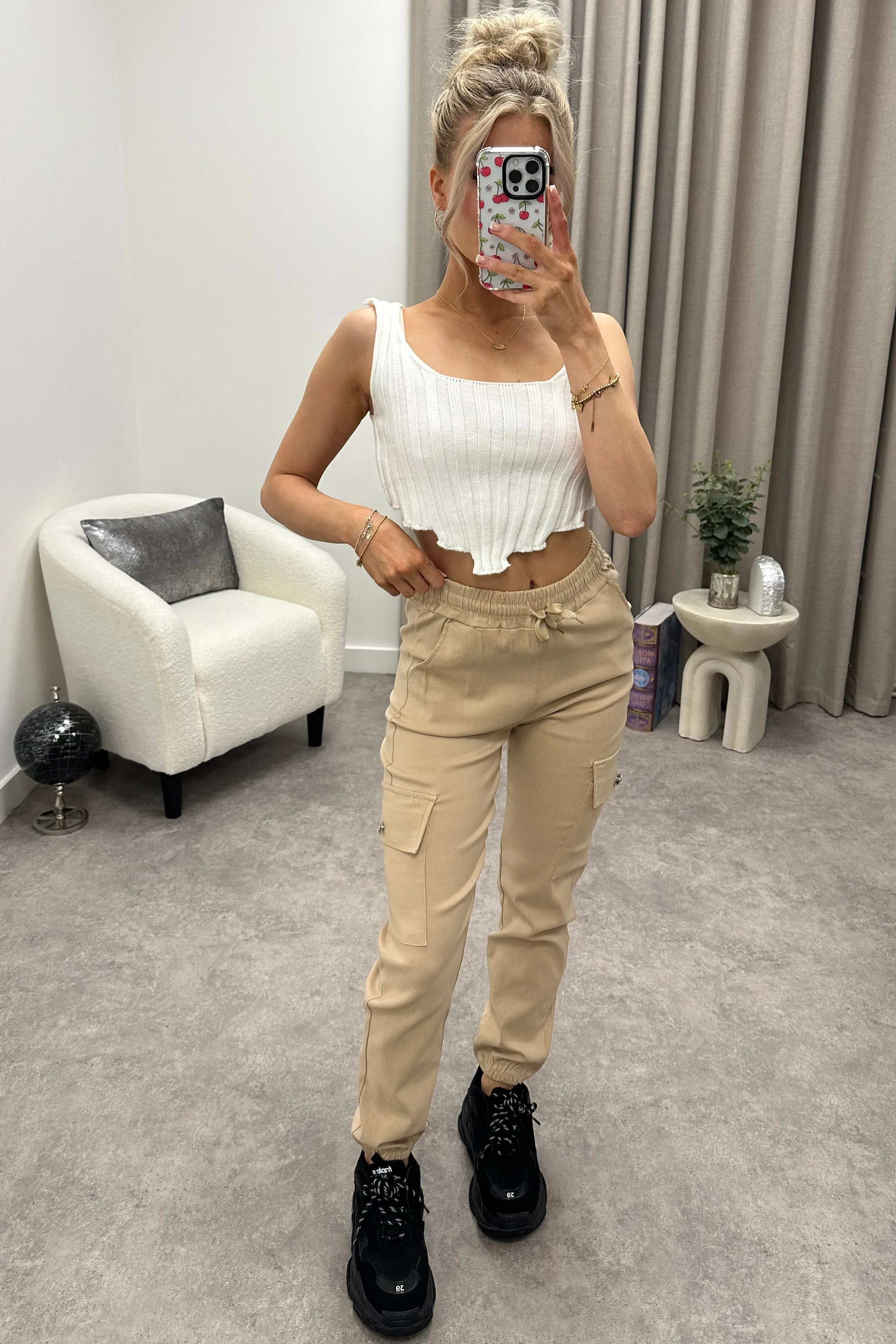 Talina Beige Pocket Detail Drawstring Cargo Trousers