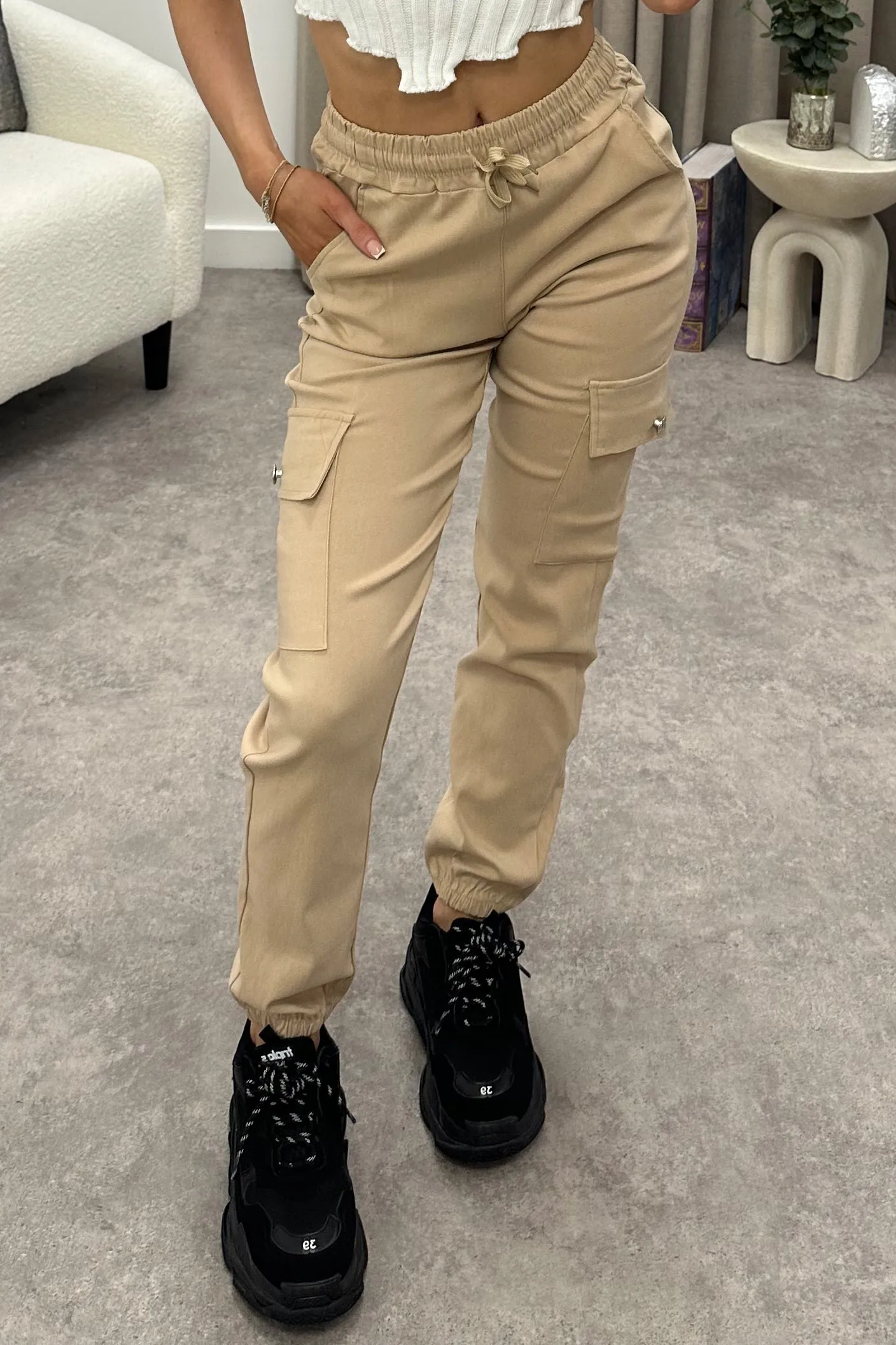 Talina Beige Pocket Detail Drawstring Cargo Trousers