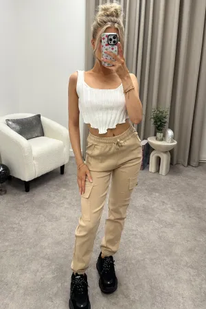 Talina Beige Pocket Detail Drawstring Cargo Trousers