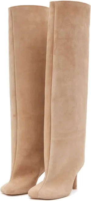 Vertundy Women's Knee High Boots Square Toe and Foot Pull On Stiletto Heels Fashion Dress Tall Riding Boots Ladies