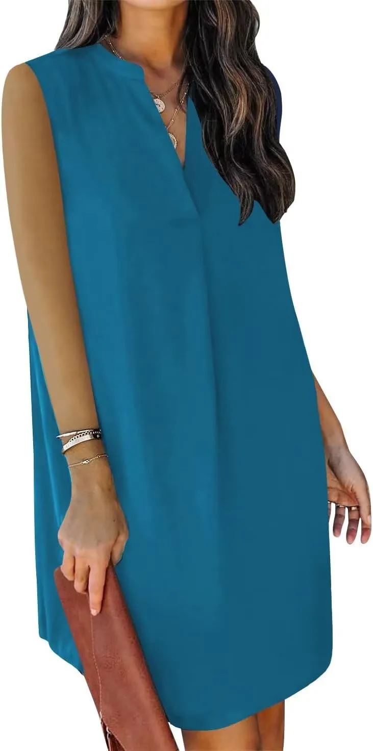 Wkior Summer Dresses for Women 2025 V Neck Sleeveless Casual Shirt Dress Shift DressesS-2XL