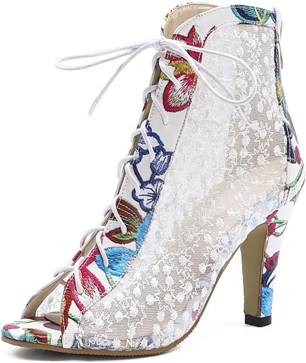 WOilERQ Women's Fashion Sandals Open Toe Lace Hollow High Heel Fish Mouth Lace-Up Color Matching High-Heel Boots Dress Back Zipper Comfortable Work Shoes,White,36