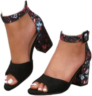 Womens Chunky High Heel Sandals Floral Print Open Toe Ankle Strap Buckle Wedding Bridal Dress Pump Shoes