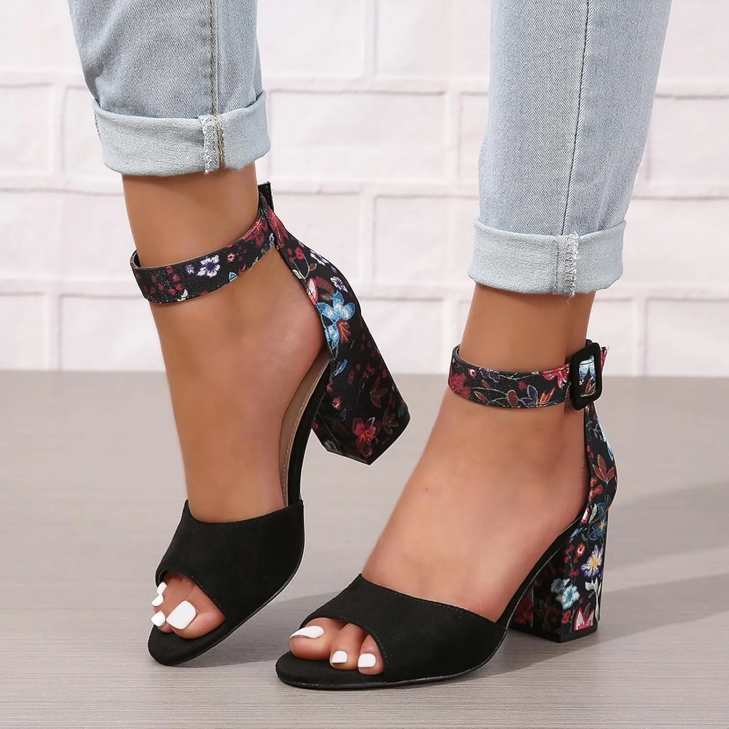 Womens Chunky High Heel Sandals Floral Print Open Toe Ankle Strap Buckle Wedding Bridal Dress Pump Shoes