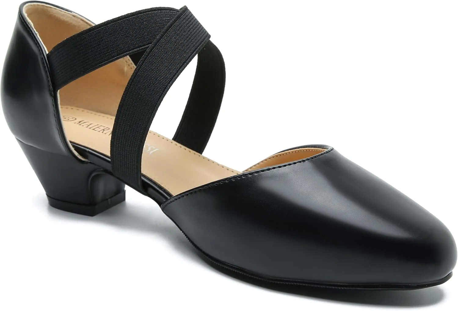 Women's Low Chunky Heel Pumps Elastic Crisscross Strap Pull On Dress Dance Shoes