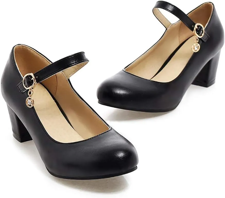Womens Mid Block Heel Mary Jane Pumps Closed Toe Ankle Strap Sweet Cute Cosplay Shoes