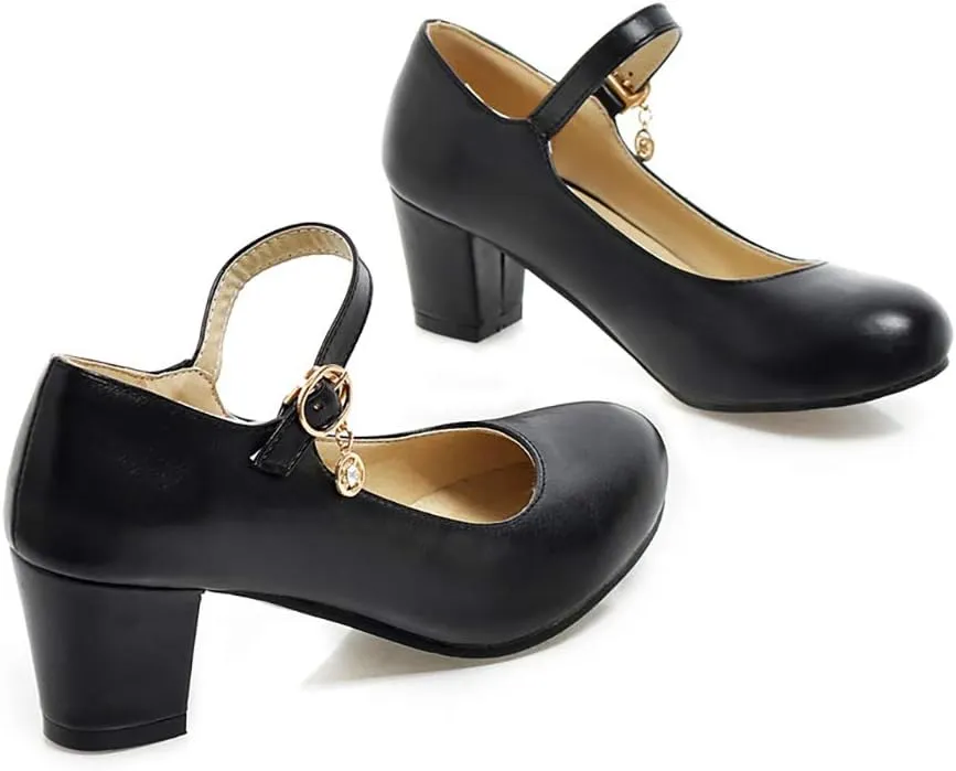 Womens Mid Block Heel Mary Jane Pumps Closed Toe Ankle Strap Sweet Cute Cosplay Shoes