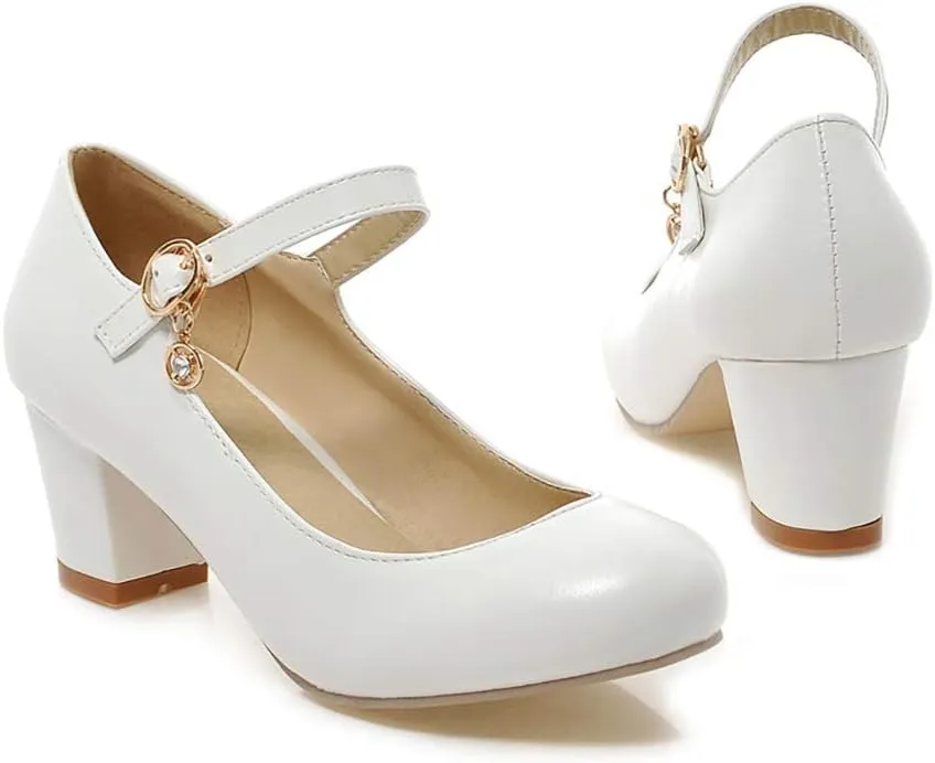 Womens Mid Block Heel Mary Jane Pumps Closed Toe Ankle Strap Sweet Cute Cosplay Shoes