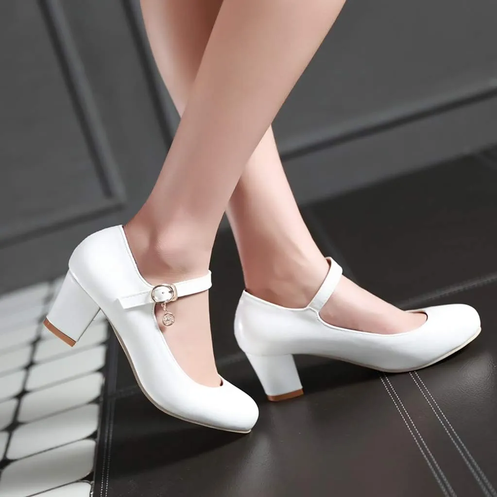 Womens Mid Block Heel Mary Jane Pumps Closed Toe Ankle Strap Sweet Cute Cosplay Shoes