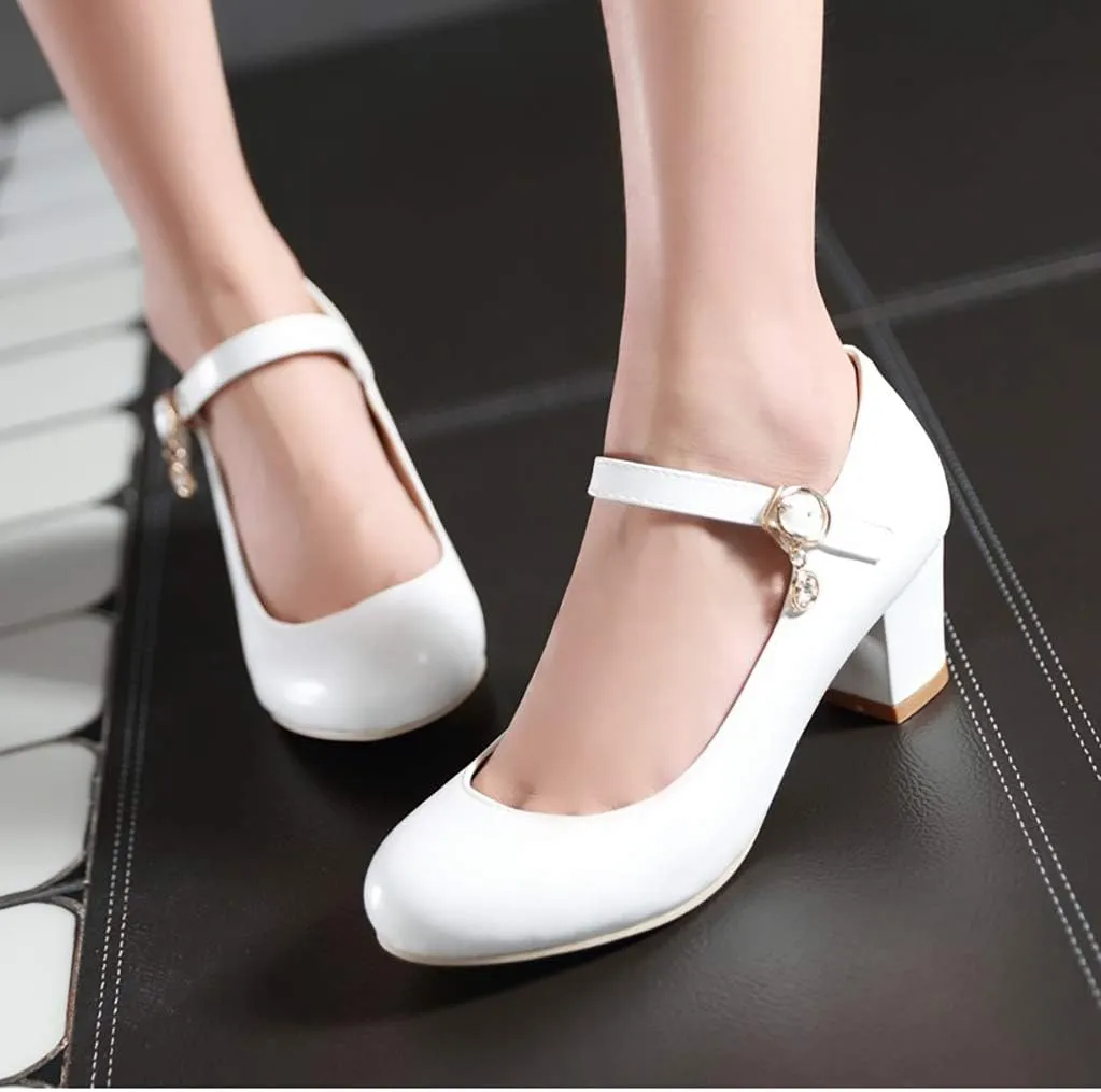 Womens Mid Block Heel Mary Jane Pumps Closed Toe Ankle Strap Sweet Cute Cosplay Shoes