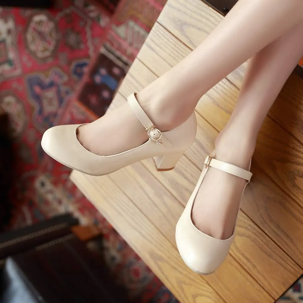 Womens Mid Block Heel Mary Jane Pumps Closed Toe Ankle Strap Sweet Cute Cosplay Shoes