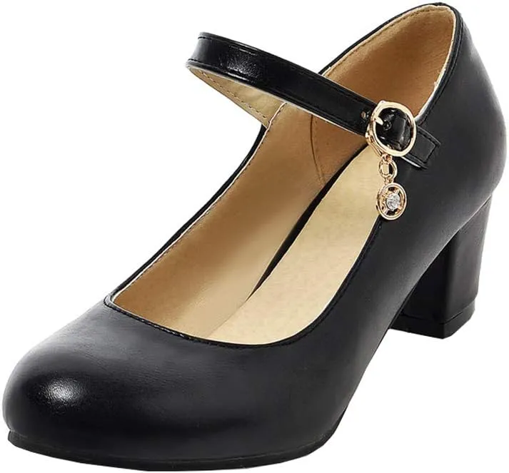 Womens Mid Block Heel Mary Jane Pumps Closed Toe Ankle Strap Sweet Cute Cosplay Shoes