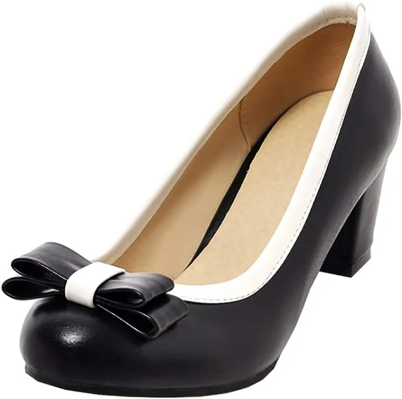 Womens Mid Block Heel Pump Closed Toe Bow Tie Shoes