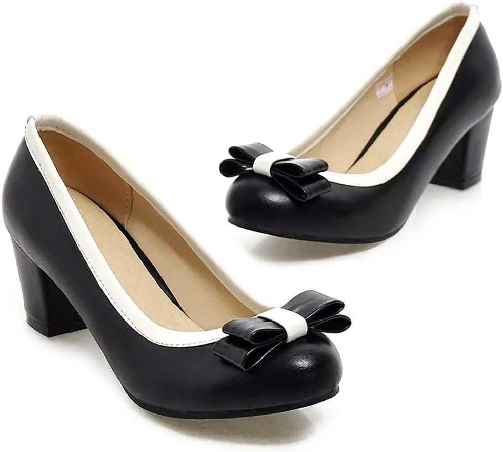 Womens Mid Block Heel Pump Closed Toe Bow Tie Shoes