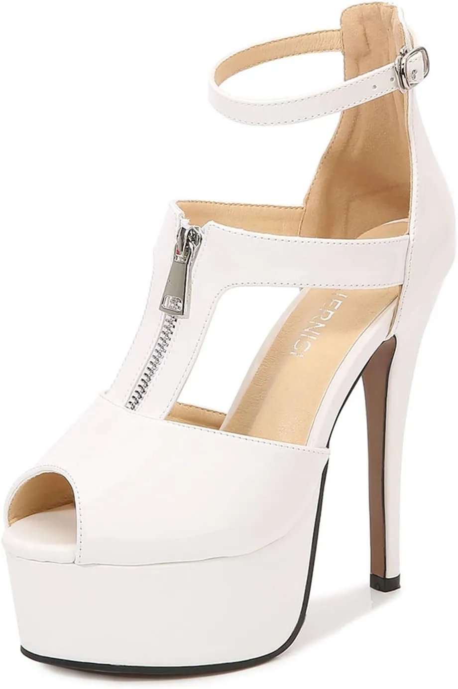 Women's Platform Chunky High Heels Dress Sandals Peep Toe Ankle Strap Wedding Party Evening Shoes with Front Zipper Sexy Stripper Club Pole Dance