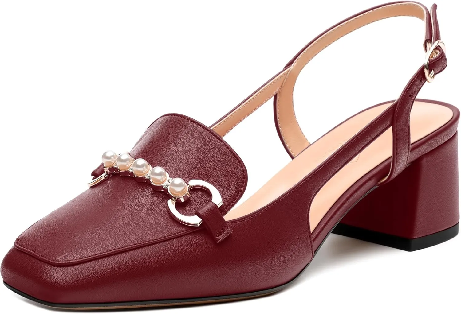 Womens Slingback Pumps, Mid Chunky Heel Square Toe Leather Insole Pumps for Women, Pearl Pump Shoes 2"