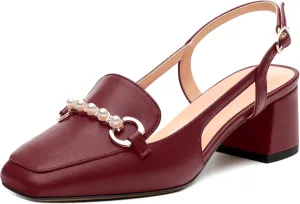 Womens Slingback Pumps, Mid Chunky Heel Square Toe Leather Insole Pumps for Women, Pearl Pump Shoes 2"