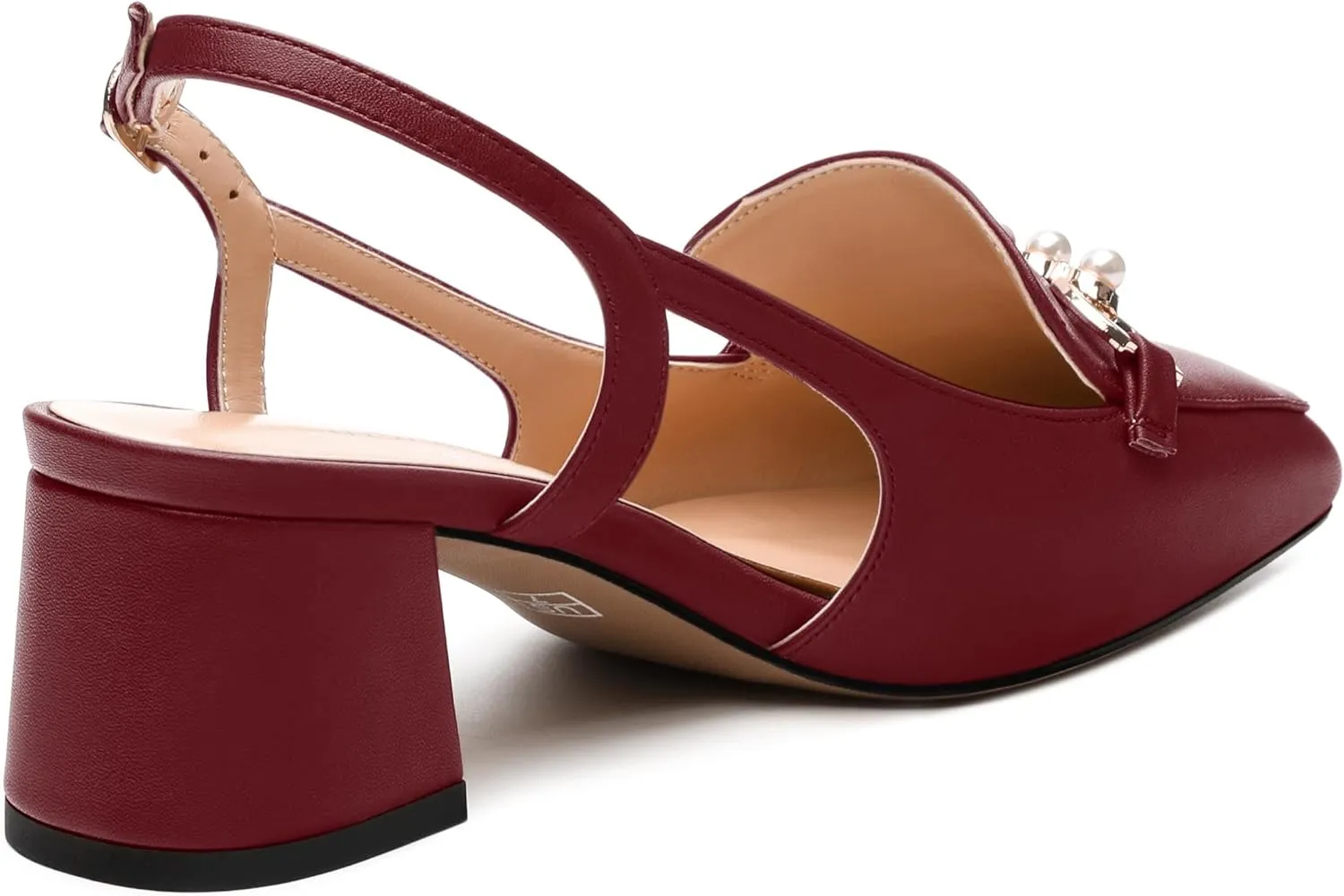 Womens Slingback Pumps, Mid Chunky Heel Square Toe Leather Insole Pumps for Women, Pearl Pump Shoes 2"
