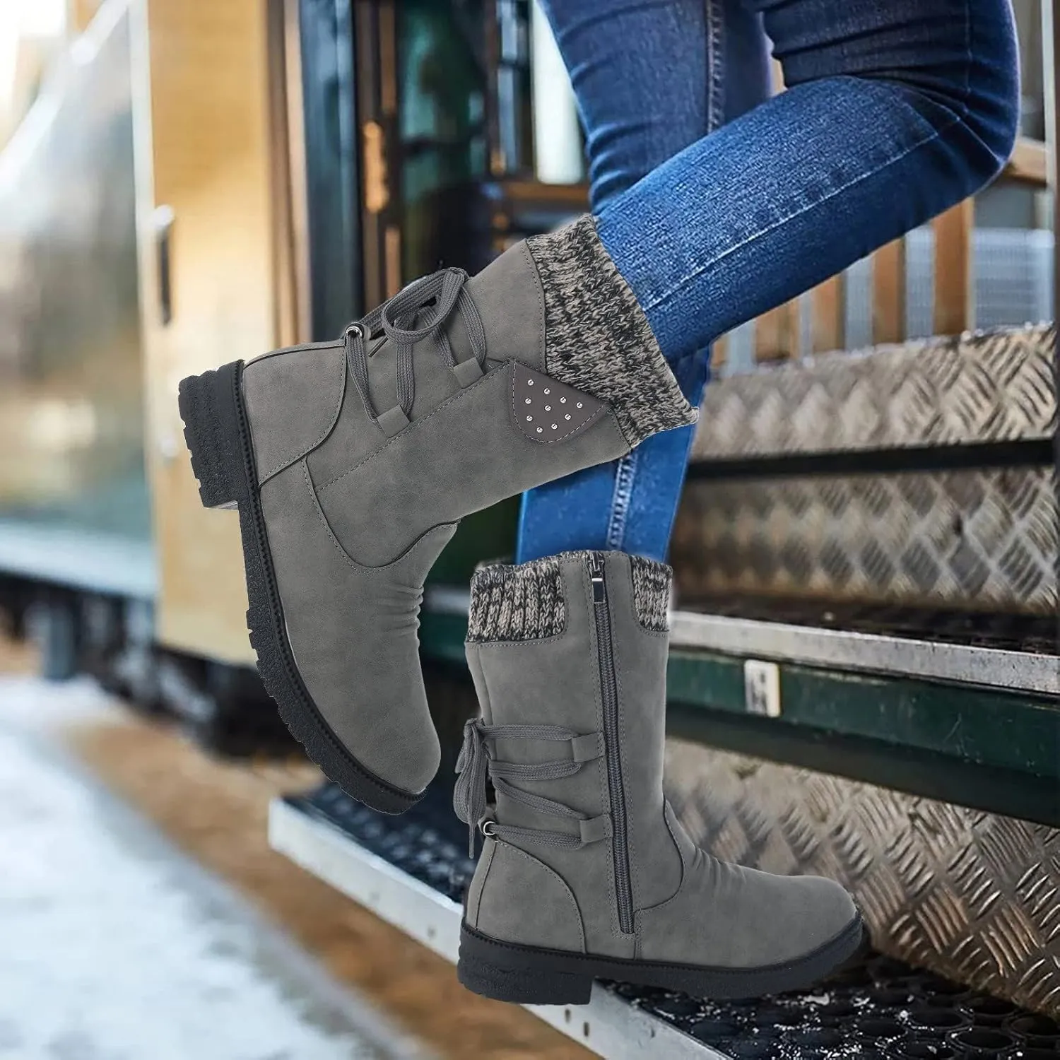 Womens Snow Boots Knit Calf Waterproof Winter Boots Non-slip Fuzzy Fur Booties Lightweight Slip on Ankle Boots Comfortable Winter Shoes Trekking Shoes