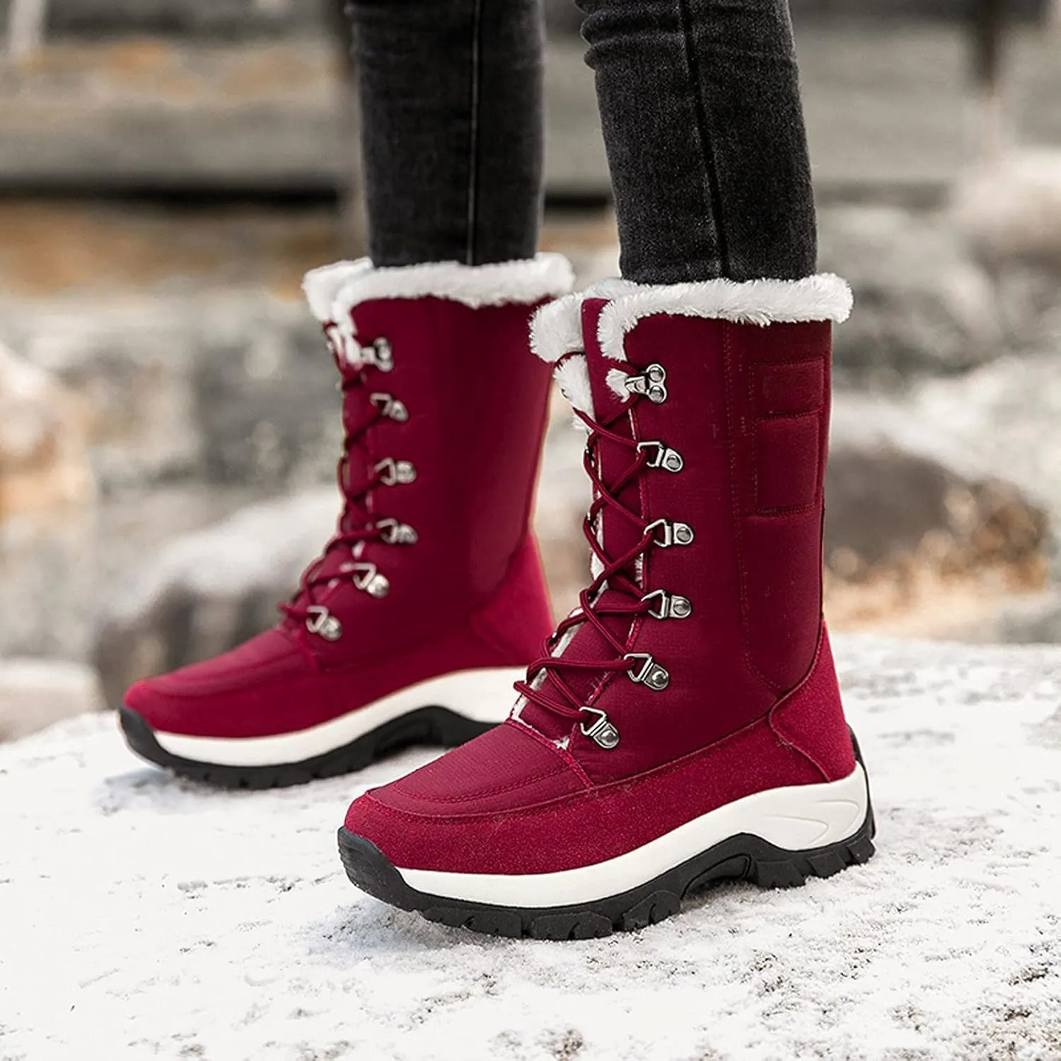 Women's Snow Boots Waterproof Anti-slip Winter Boots Classic Fuzzy Fur Booties Casual Slip on Ankle Boots Comfortable Winter Shoes Trekking Shoes