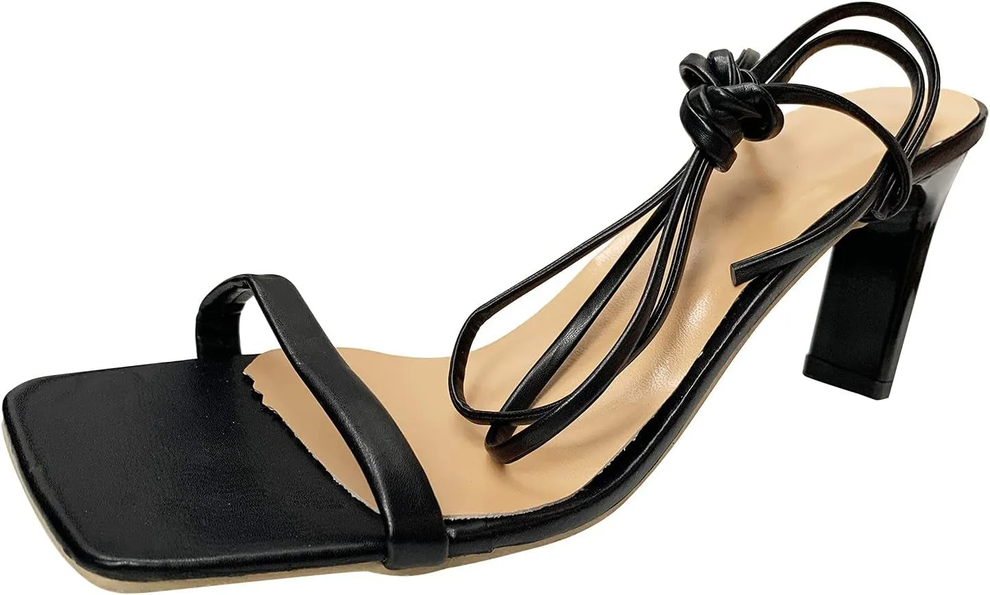 Womens Square Toe High Heels Summer Fashion Casual Open Toe Cross Straps Lace up High Heels Shoes Comfortable Solid Color Low Block Chunky Heels Sandals