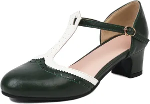 Womens T Strap Heel Vintage Closed Toe Dress Shoes Wingtip Chunky High Heels Mary Jane Pumps