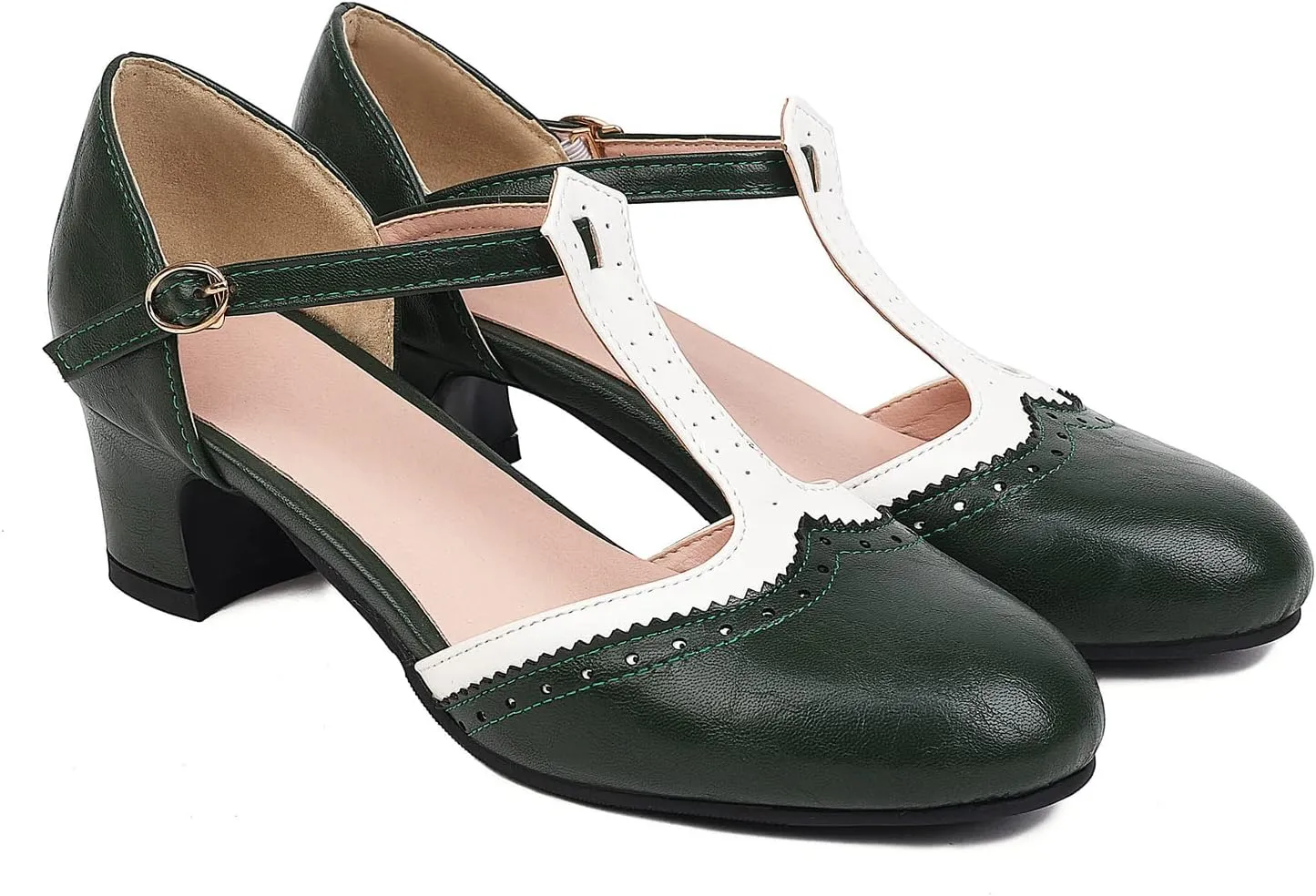 Womens T Strap Heel Vintage Closed Toe Dress Shoes Wingtip Chunky High Heels Mary Jane Pumps
