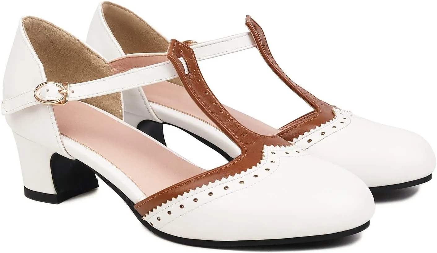 Womens T Strap Heel Vintage Closed Toe Dress Shoes Wingtip Chunky High Heels Mary Jane Pumps