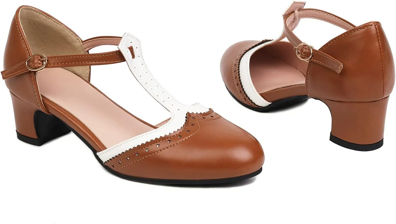 Womens T Strap Heel Vintage Closed Toe Dress Shoes Wingtip Chunky High Heels Mary Jane Pumps