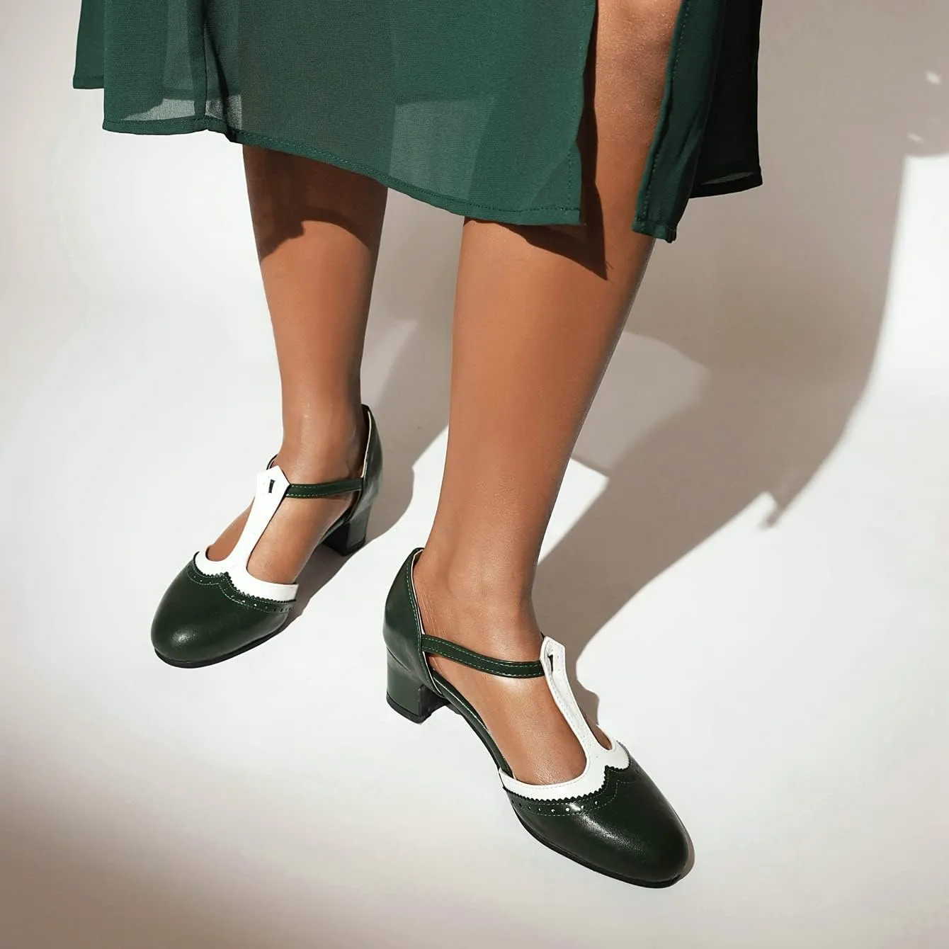 Womens T Strap Heel Vintage Closed Toe Dress Shoes Wingtip Chunky High Heels Mary Jane Pumps