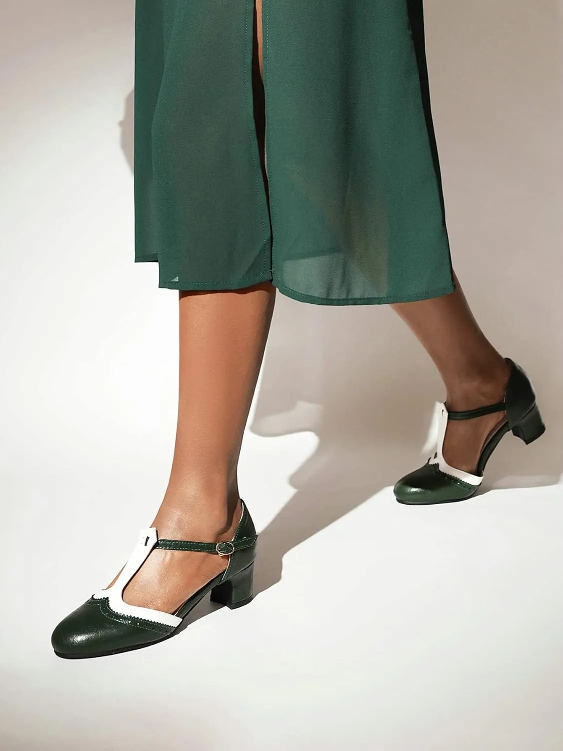 Womens T Strap Heel Vintage Closed Toe Dress Shoes Wingtip Chunky High Heels Mary Jane Pumps