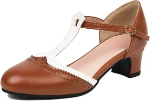 Womens T Strap Heel Vintage Closed Toe Dress Shoes Wingtip Chunky High Heels Mary Jane Pumps