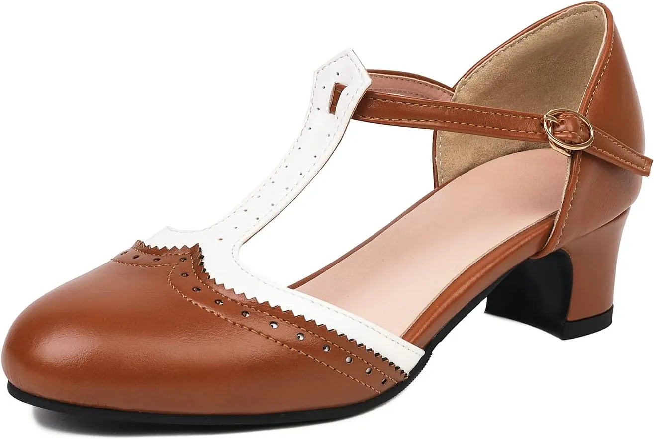 Womens T Strap Heel Vintage Closed Toe Dress Shoes Wingtip Chunky High Heels Mary Jane Pumps