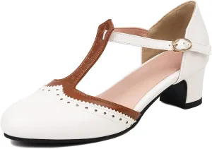 Womens T Strap Heel Vintage Closed Toe Dress Shoes Wingtip Chunky High Heels Mary Jane Pumps
