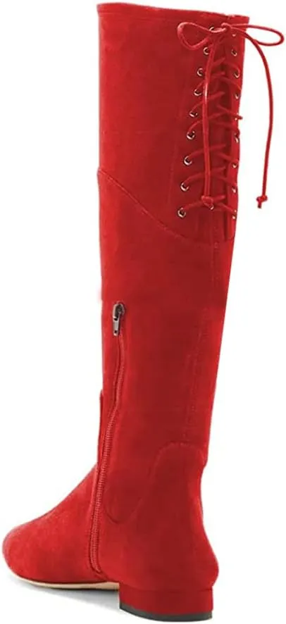 YDN Women Sexy Closed Toe Mid Calf Boots Lace Up Under The Knee High Low Heel with Zipper Dress Casual Flat Long Booties Size 4-15 US