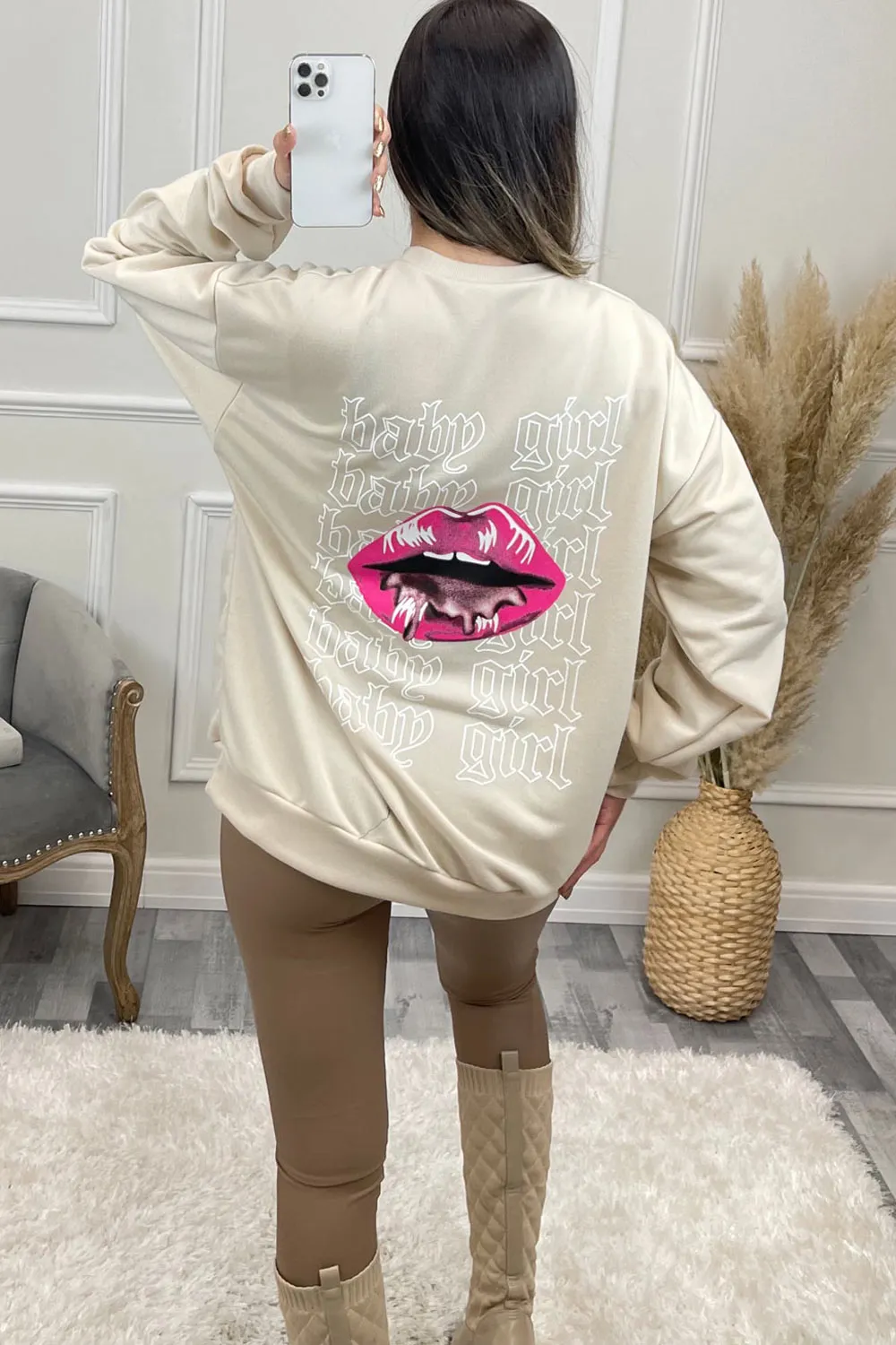 Zaira Beige 'Baby Girl' Slogan Sweatshirt