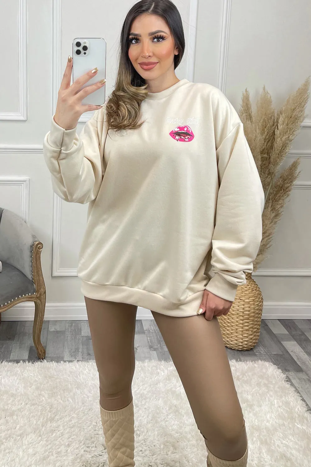 Zaira Beige 'Baby Girl' Slogan Sweatshirt